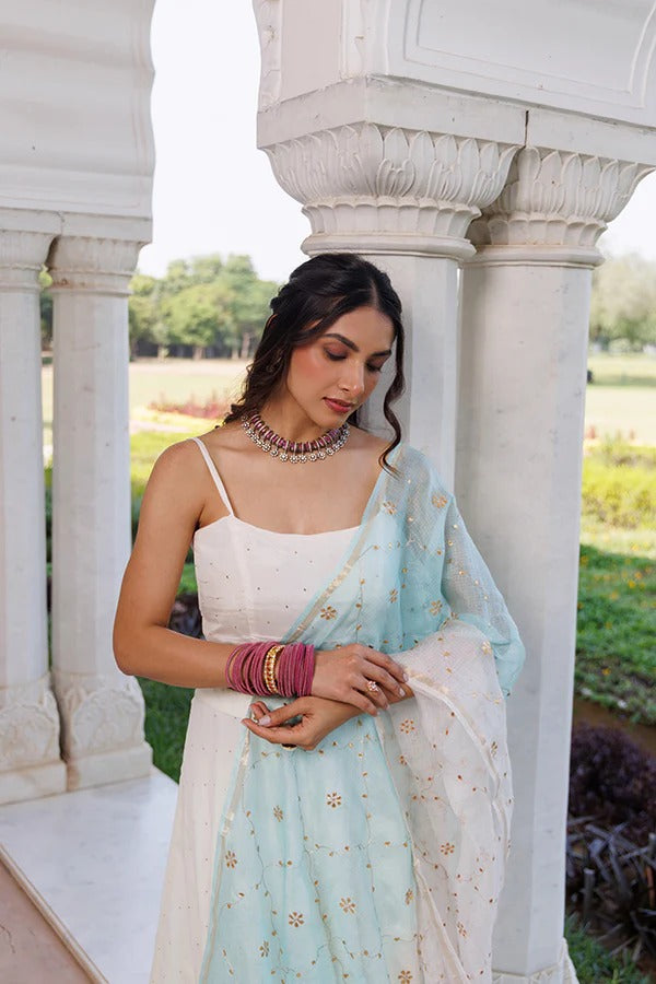 Off White Chiffon Lehenga With Mukaish Work And Shaded Kota Silk Dupatta