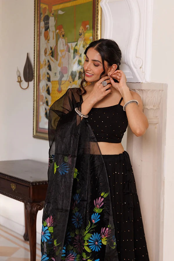 Black Chiffon Lehenga With Mukaish Work & Hand Painted Organza Dupatta