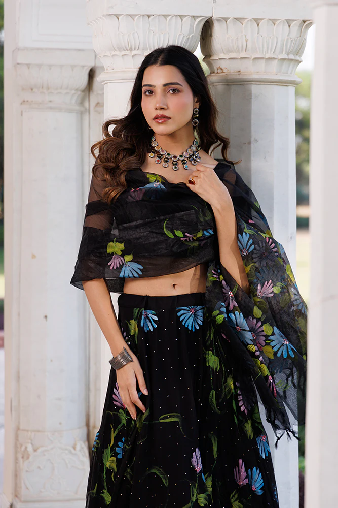 Black Hand-Painted Chiffon Lehenga With Mukaish Work & Hand Painted Organza Dupatta