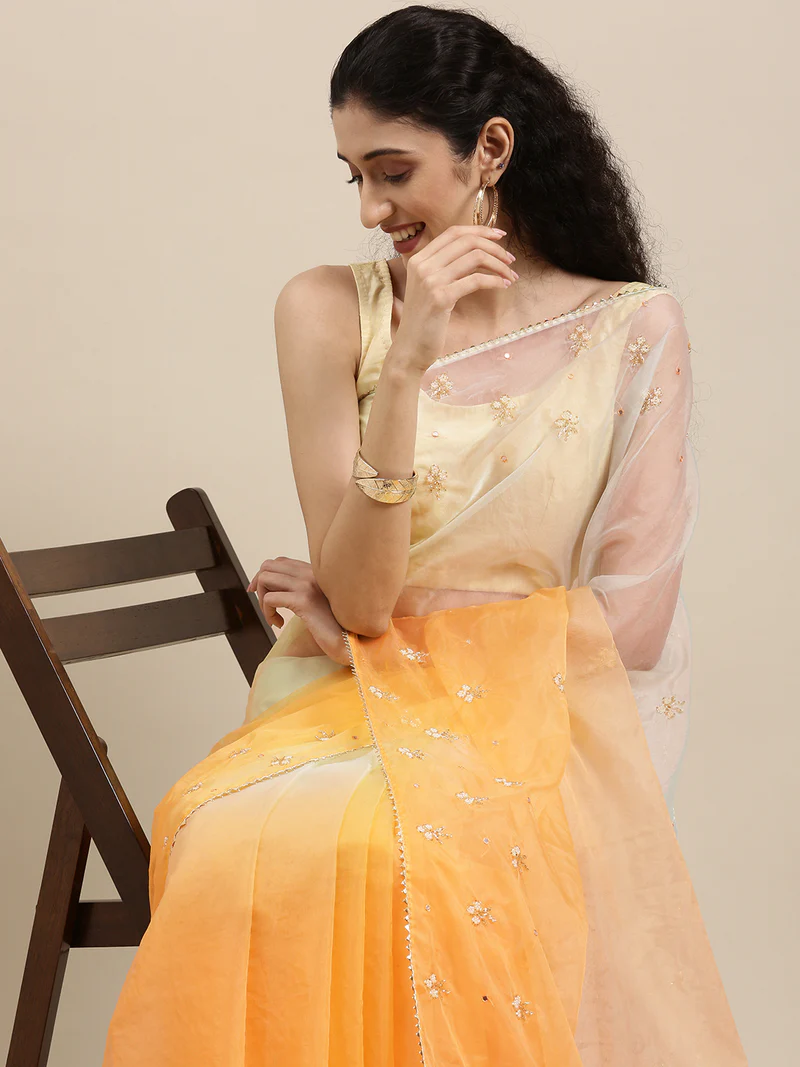 Light Yellow Shaded Handcrafted Organza Saree