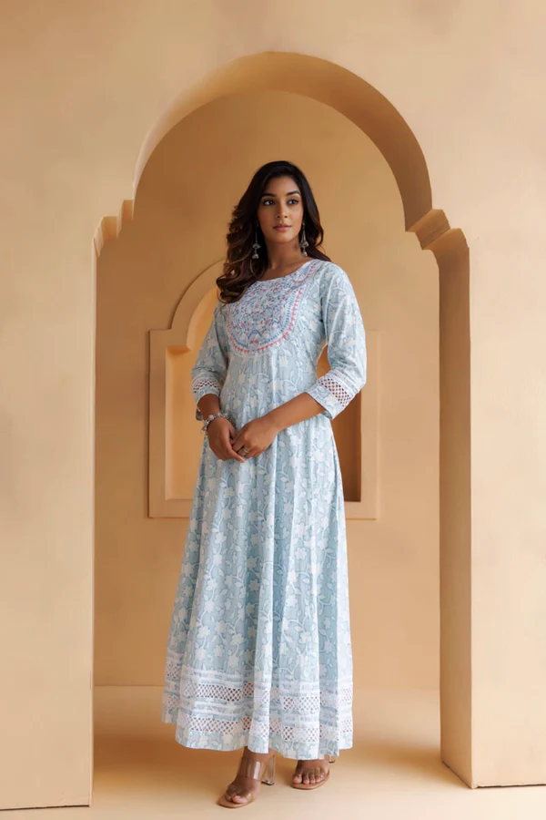 Sky-Blue Cotton Floral Embroidered Long Dress