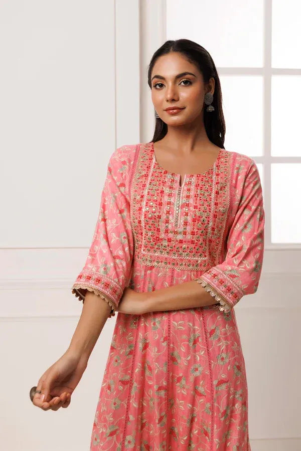 Pink Cotton-Rayon Embroidered Long Dress