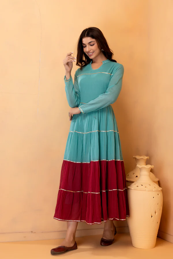 Green And Maroon Hand-Dyed Cotton Maxi Dress