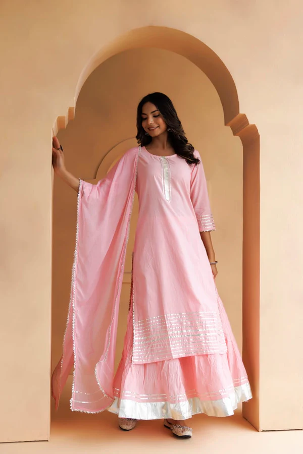 Pastel Pink Handcrafted Straight Cotton Kurta Set With Dupatta