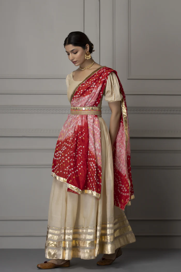 Off White Handcrafted Chanderi Lehenga Set With Gota Work And Intricate Detailing