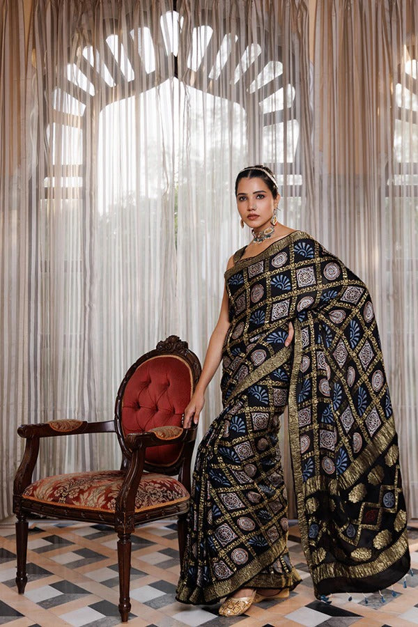 Black Ajrakh Saree With Shimmering All-Over Zari Checks