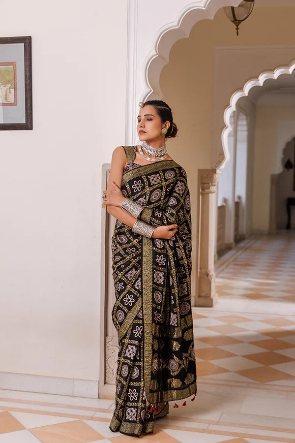 Artisanal Black Ajrakh Saree With Zari Check Embellishments