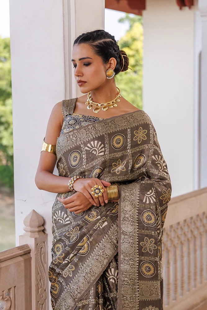 Ajrakh Mink Grey Handcrafted Saree With Elaborate Zari Checks