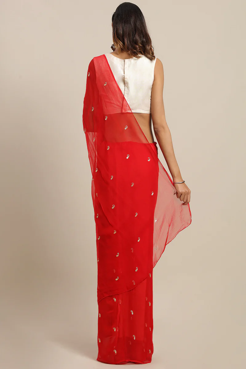 Red Hand Embroidered Chiffon Saree