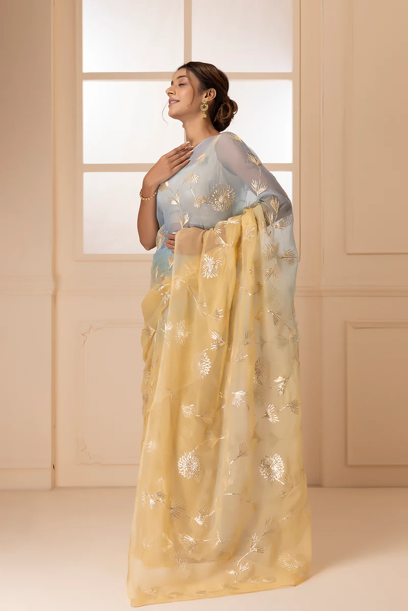 Yellow-Grey Shaded Handcrafted Gota Patti Chiffon Saree