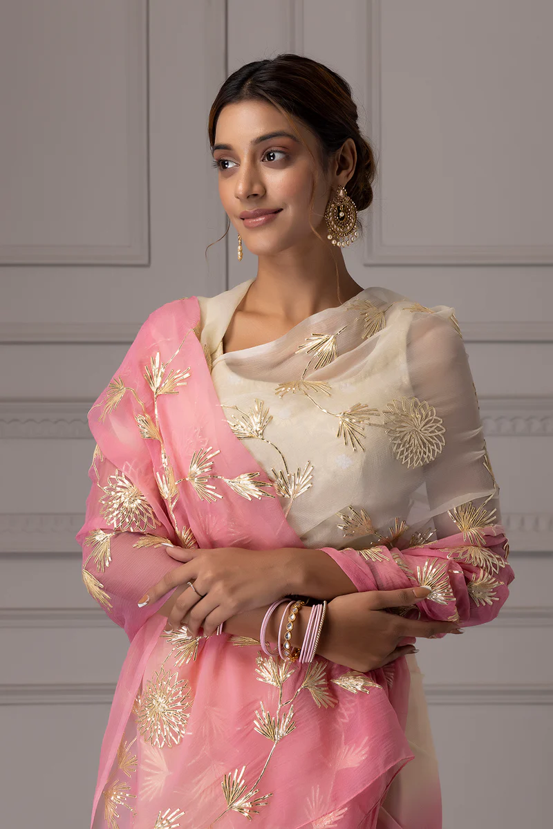 Pink Shaded Handcrafted Gota Patti Chiffon Saree