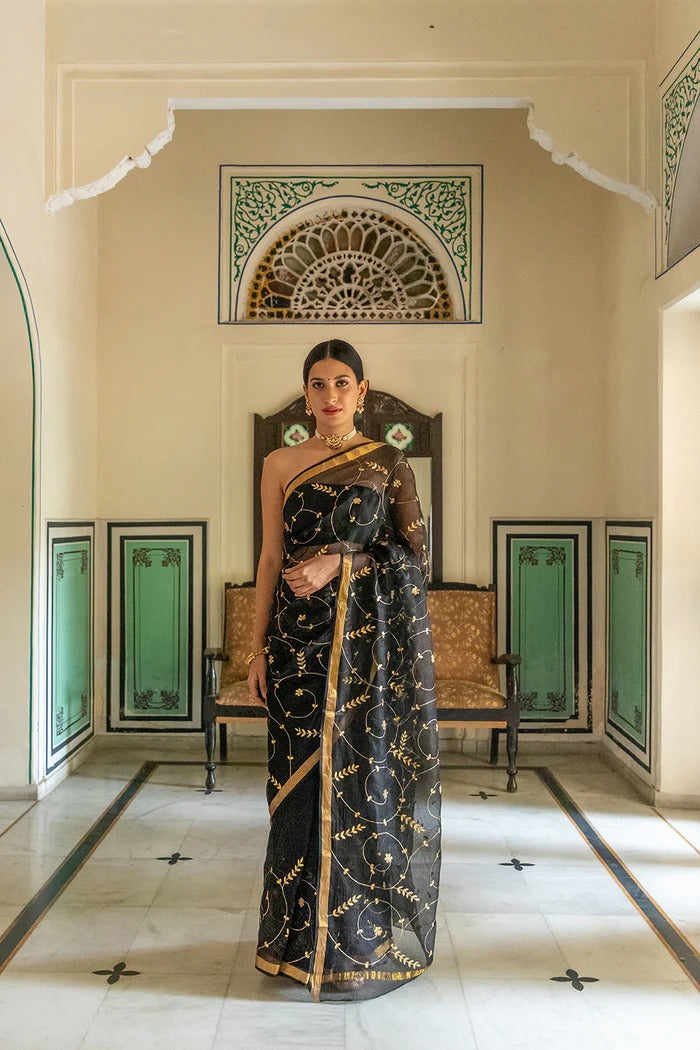 Black Hand Embroidered Gota Patti Pure Kota Silk Saree