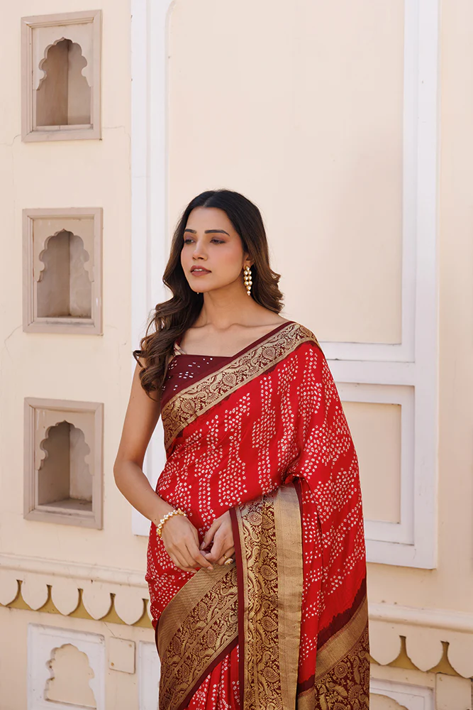 Red Gajji Silk Bandhani Saree With Zari Border & Pallu