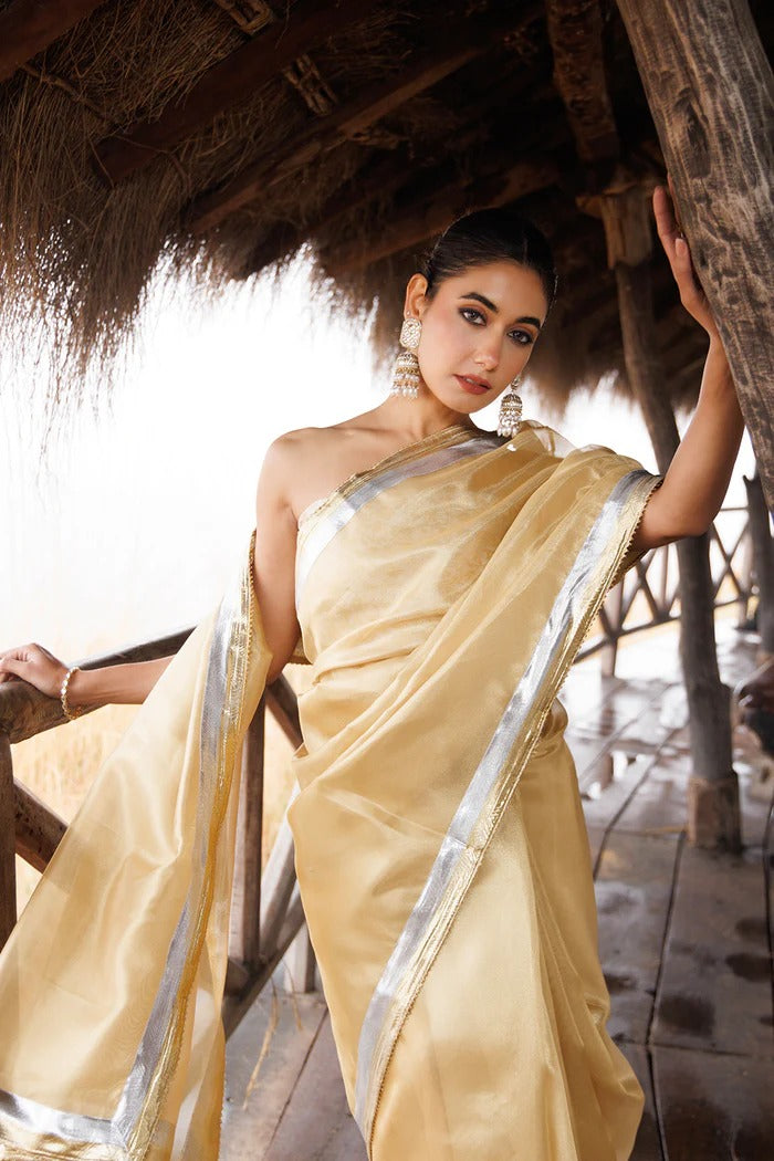 Beige Tissue Saree With Gota Work