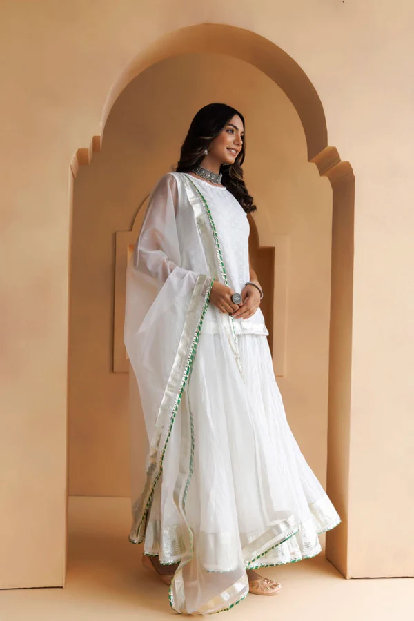 White Cotton Skirt Set With Hand Embroidery & Organza Dupatta