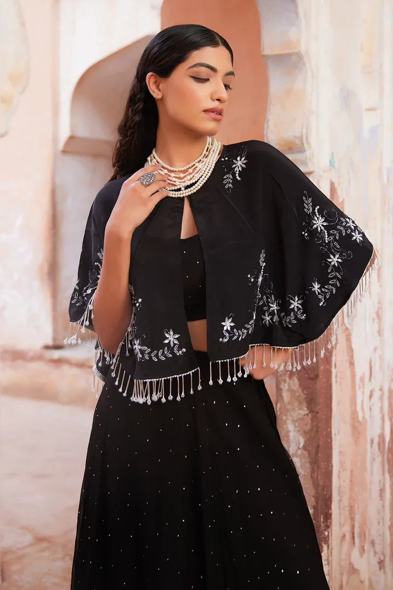 Black Chiffon Mukaish Lehenga With Black Hand Embroidered Cape
