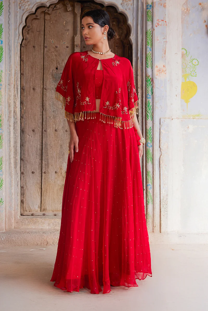 Red Chiffon Mukaish Lehenga With White Hand Embroidered Cape