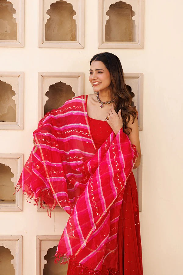 Red Contemporary Lehenga With Mukaish Shimmer And Hand-Dyed Leheriya Kota Silk Dupatta