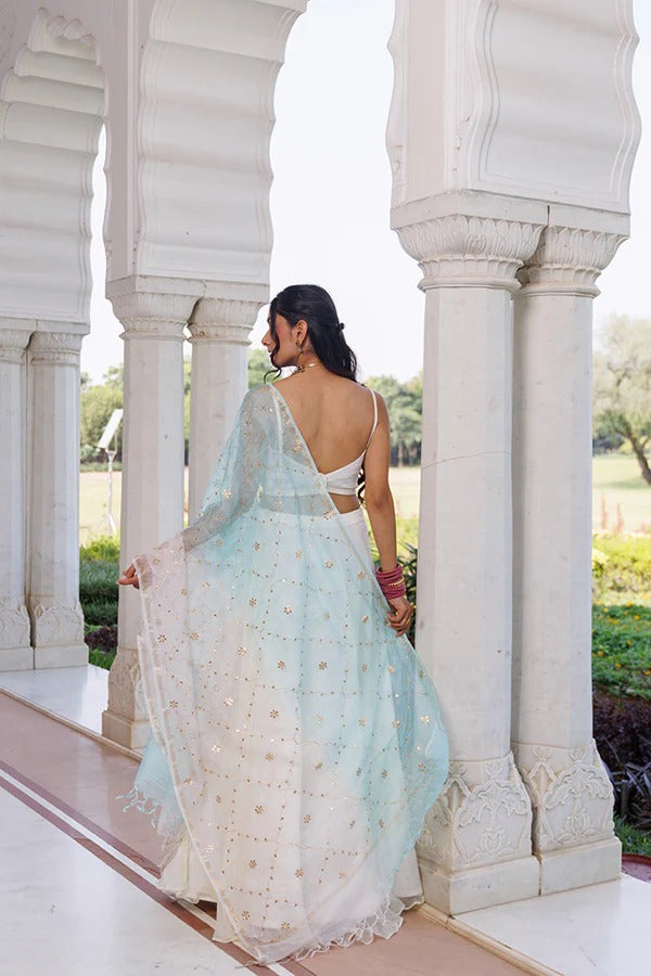 Off White Chiffon Lehenga With Mukaish Work And Shaded Kota Silk Dupatta