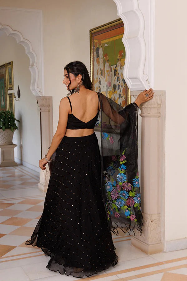 Black Chiffon Lehenga With Mukaish Work & Hand Painted Organza Dupatta