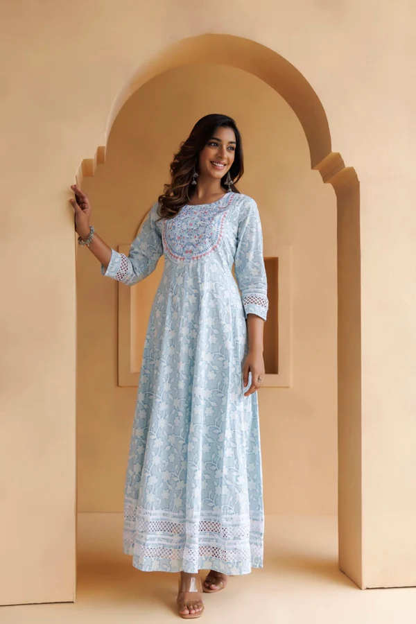 Sky-Blue Cotton Floral Embroidered Long Dress