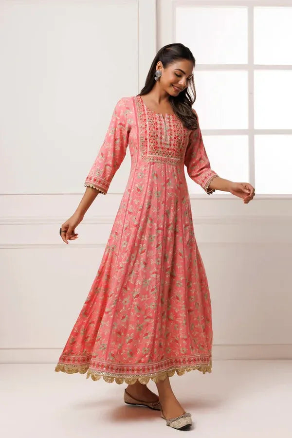 Pink Cotton-Rayon Embroidered Long Dress