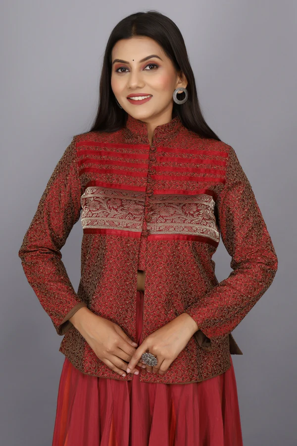 Red Hand Woven Bamboo Silk Skirt With Heavy Brocade Jacket