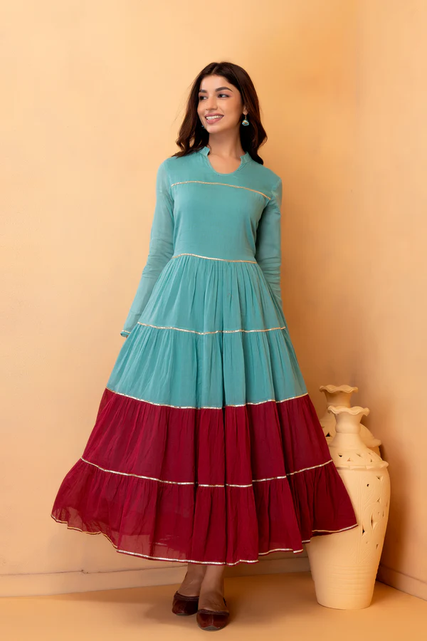 Green And Maroon Hand-Dyed Cotton Maxi Dress