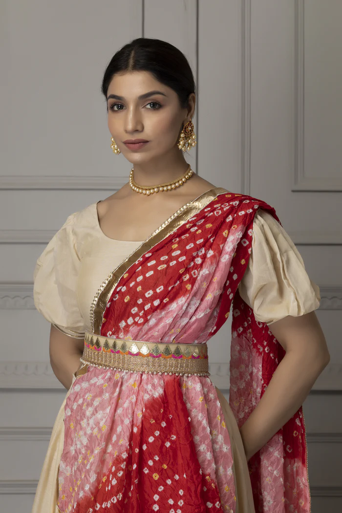 Off White Handcrafted Chanderi Lehenga Set With Gota Work And Intricate Detailing