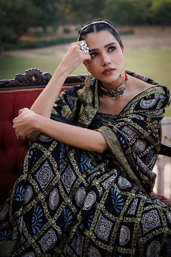 Black Ajrakh Saree With Shimmering All-Over Zari Checks