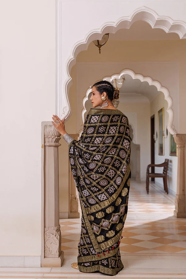 Artisanal Black Ajrakh Saree With Zari Check Embellishments