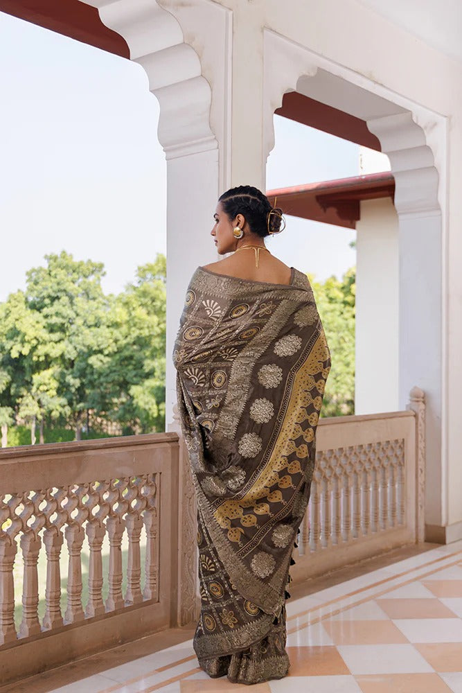 Ajrakh Mink Grey Handcrafted Saree With Elaborate Zari Checks