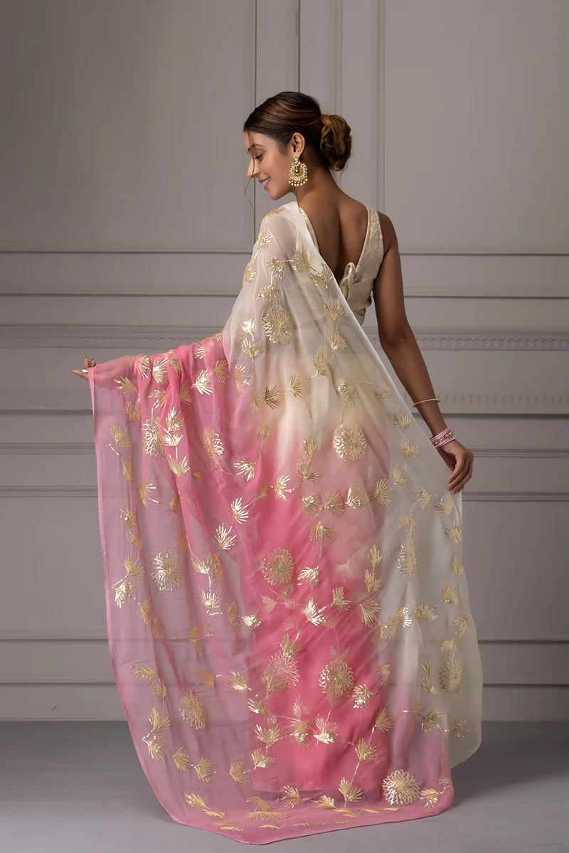Pink Shaded Handcrafted Gota Patti Chiffon Saree