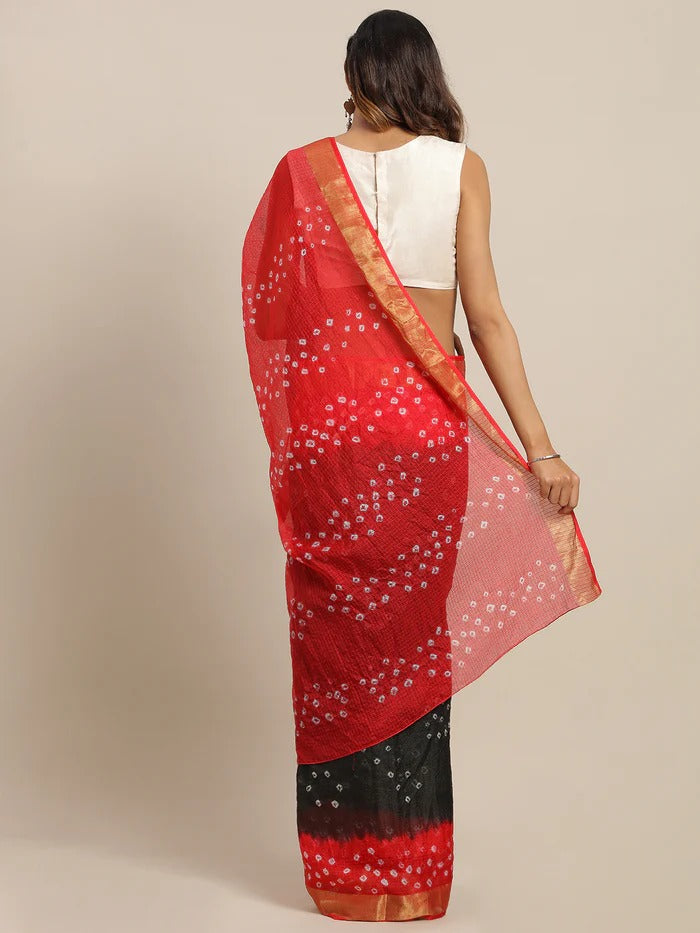 Black & Red Bandhani Zari Silk Cotton Bandhani Saree