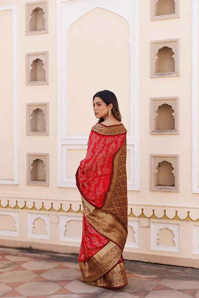 Red Gajji Silk Bandhani Saree With Zari Border & Pallu