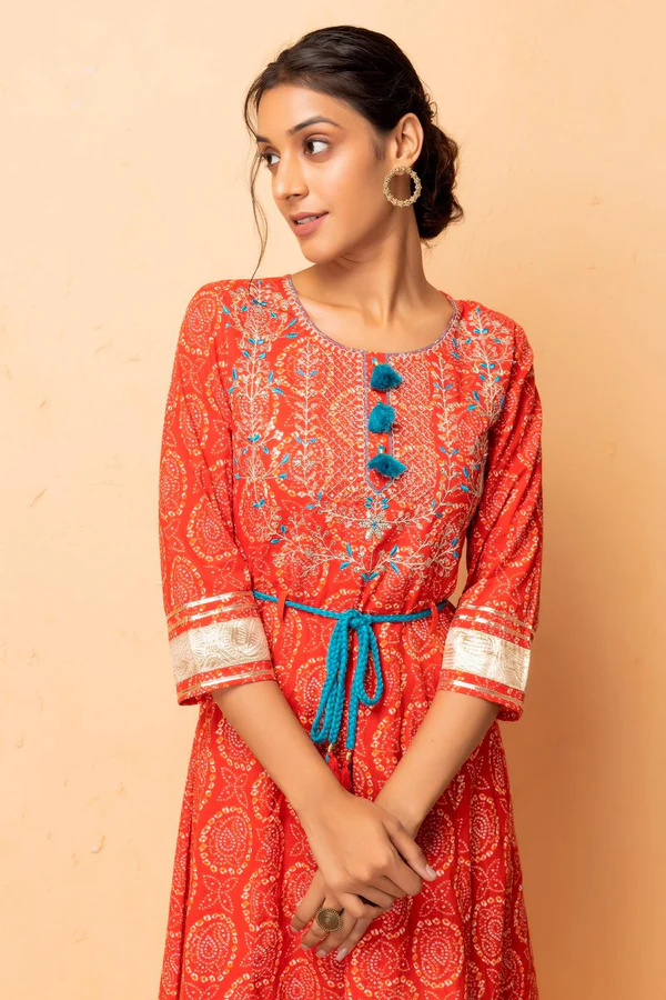 Red Handcrafted Gota Patti Bandhani Dress