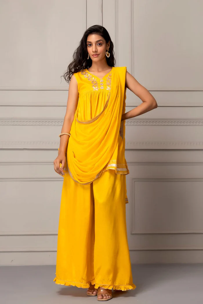 Yellow Shantoon Handcrafted Gota Patti Fusion Kurta Set