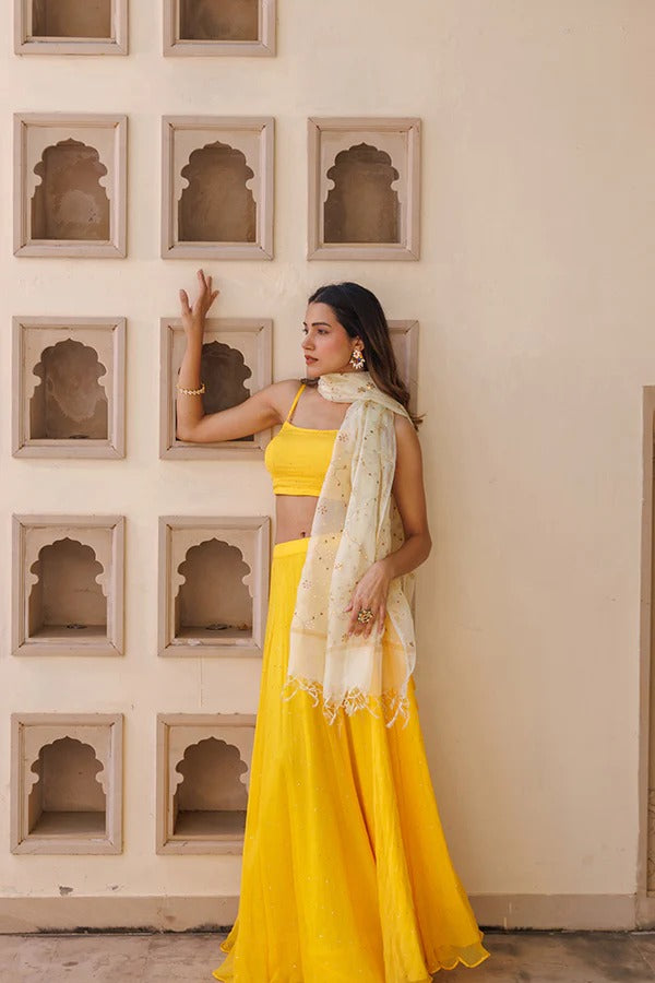 Yellow Chiffon Lehenga With Mukaish Work And Kota Silk Dupatta