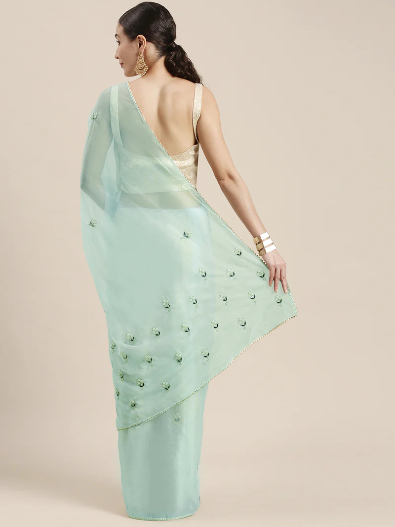 Grey Hand Embroidered Organza Saree