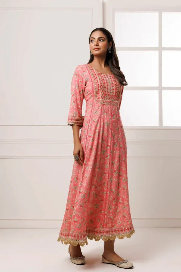 Pink Cotton-Rayon Embroidered Long Dress