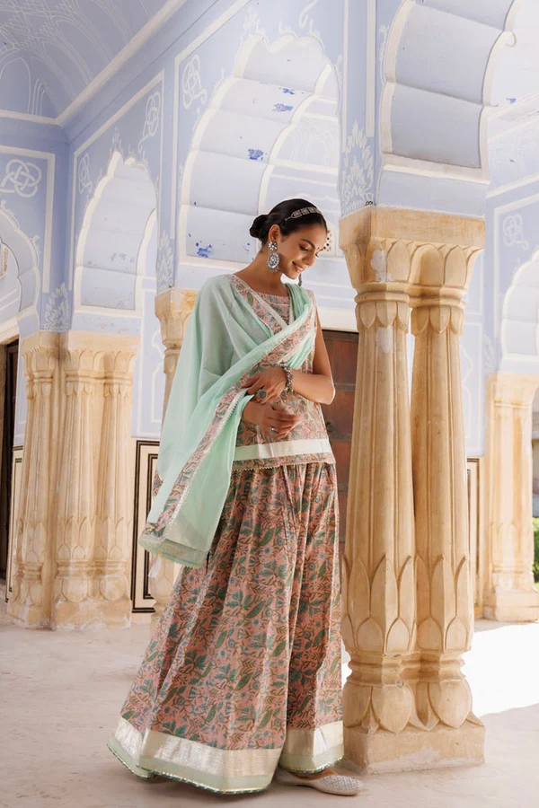 Handcrafted Peach-Green Block Printed Cotton Skirt Set