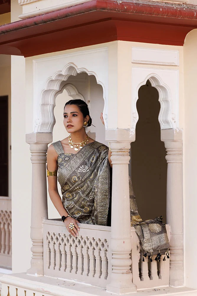 Ajrakh Mink Grey Handcrafted Saree With Elaborate Zari Checks