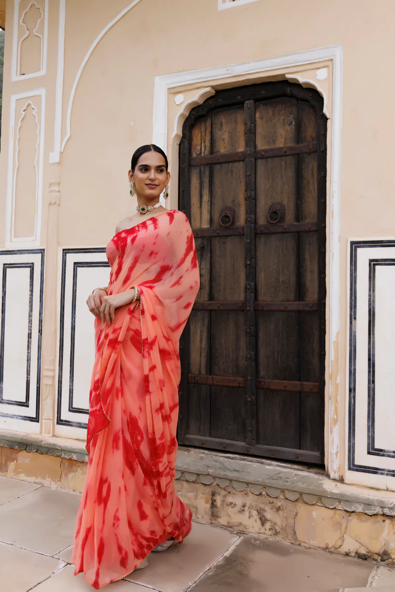 Peach-Red Hand Dyed Shibori Bandhani Chiffon Saree
