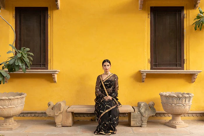 Black Hand Embroidered Gota Patti Pure Kota Silk Saree