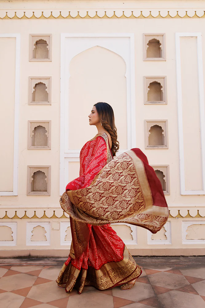 Red Gajji Silk Bandhani Saree With Zari Border & Pallu