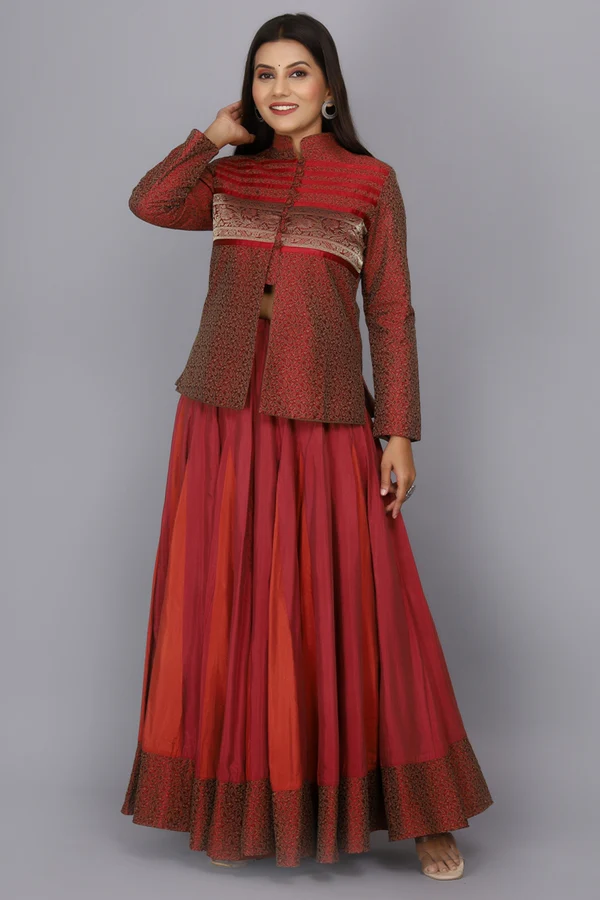 Red Hand Woven Bamboo Silk Skirt With Heavy Brocade Jacket