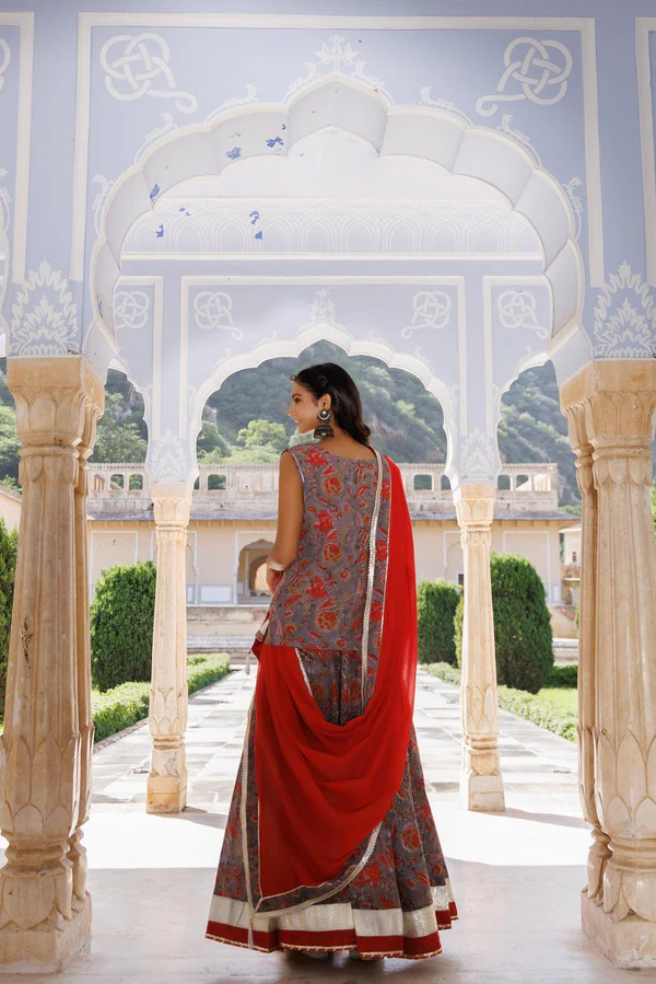 Handcrafted Grey-Orange Block Printed Cotton Skirt Set