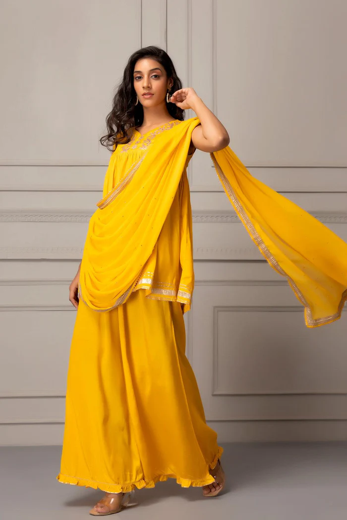Yellow Shantoon Handcrafted Gota Patti Fusion Kurta Set