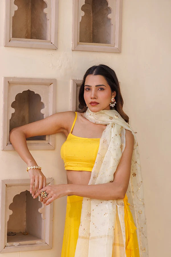 Yellow Chiffon Lehenga With Mukaish Work And Kota Silk Dupatta