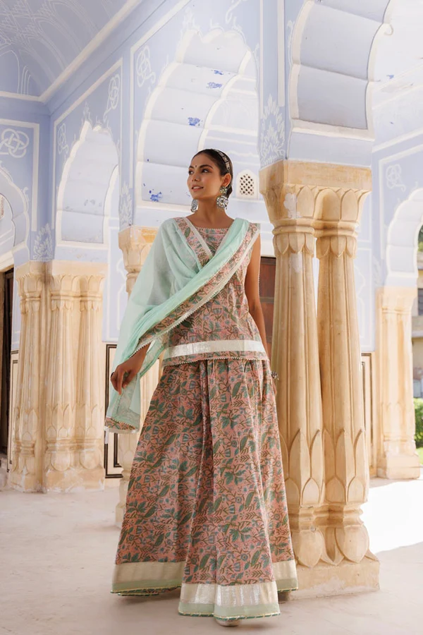 Handcrafted Peach-Green Block Printed Cotton Skirt Set